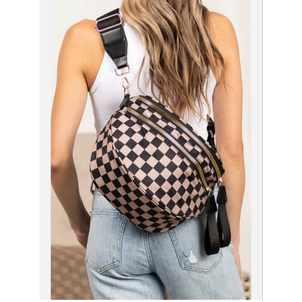 Meisey Champagne Checkered Crossbody Bag Tiktok Trending Purse Shoulder Bag NWT